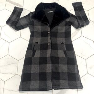 STEVE MADDEN Black/Gray Buffalo Check Faux Fur Fleece Button-Up Coat, Size Small